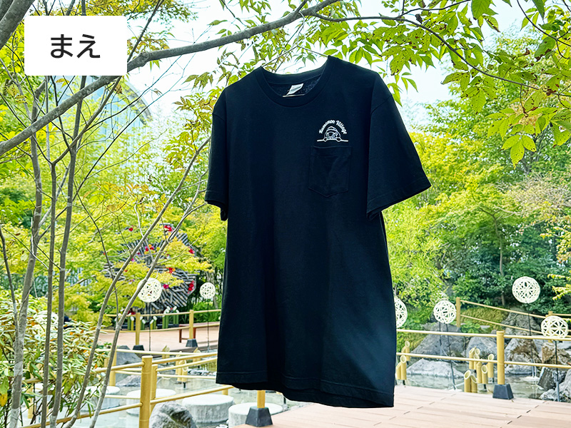 前面は胸元のポケットの上にひょっこりくまモンが覗いているシンプルなデザインで普段着にもピッタリです。